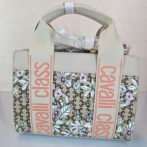Cavalli Class Women Serafina Beige Floral Monogram Tote Bag Crossbody Handbag